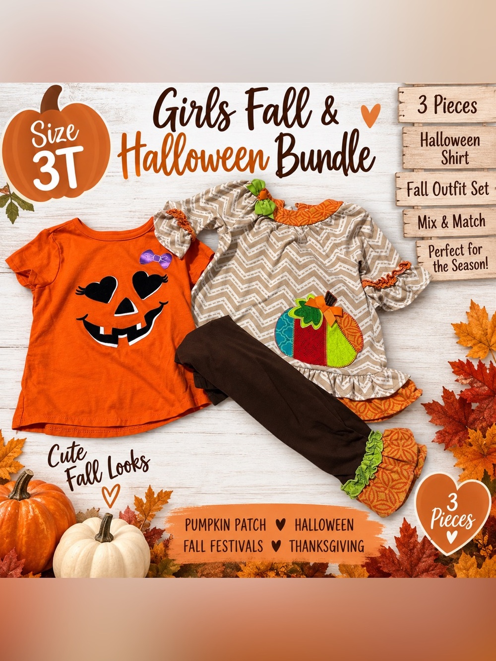 Girls 3T Halloween Shirt + Emily Rose Fall Pumpkin 2 Piece Outfit Set